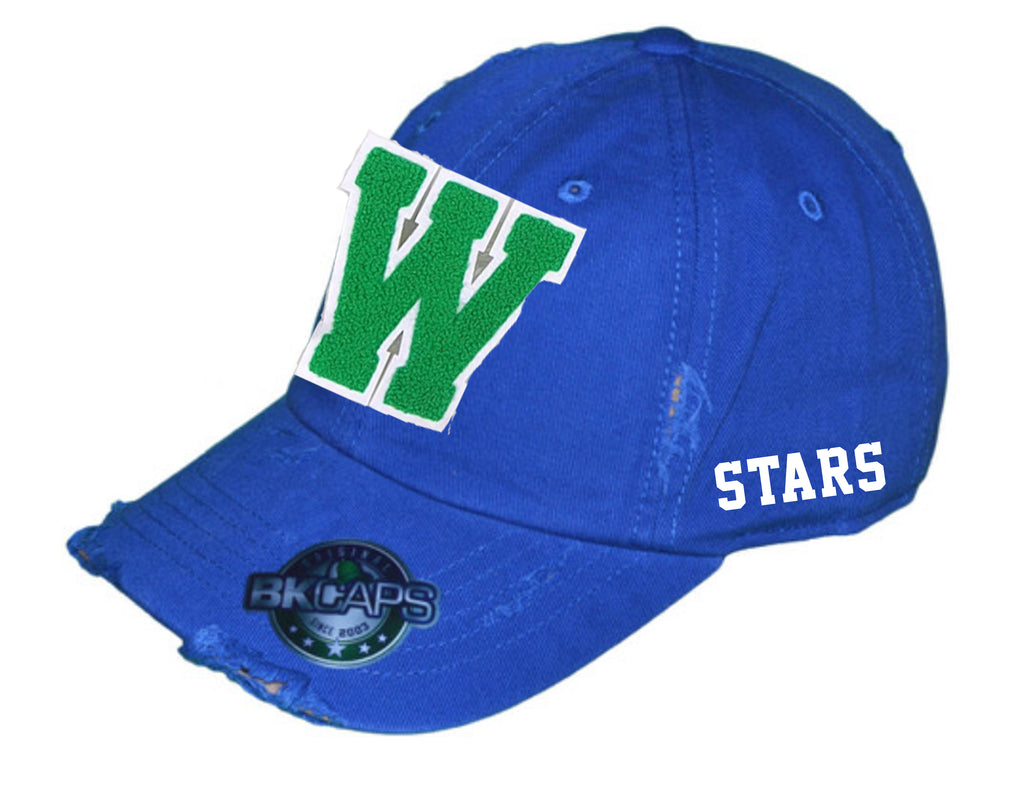 Walker Elementary Royal ADULT Distressed Hat with Chenille W Patch with Side Embroidery