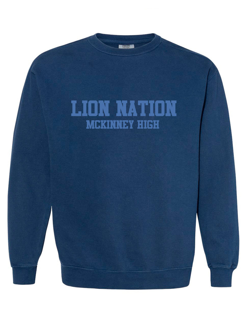 McKinney High Cheer Comfort Colors Navy LION NATION Tone-on-Tone Embroidered Crewneck