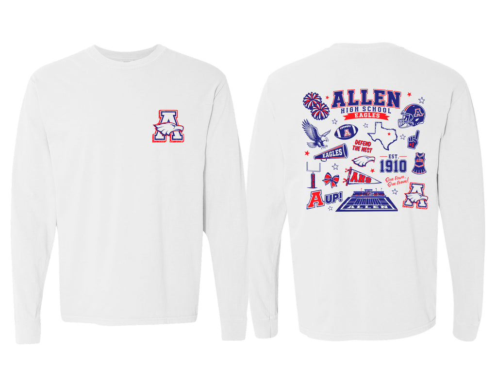 Allen Cheer Comfort Color White Frocket Icon Long Sleeve Tee