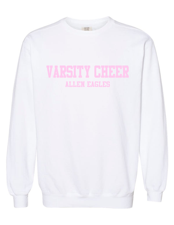 Allen Cheer White & Pink Comfort Color Embroidered Varsity Crewneck