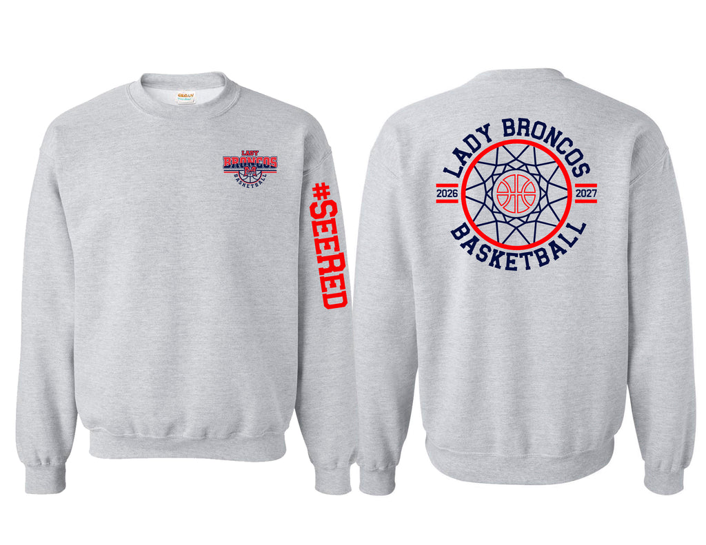 Lady Broncos Basketball Circle Net Back Gildan Ash Gray Crewneck