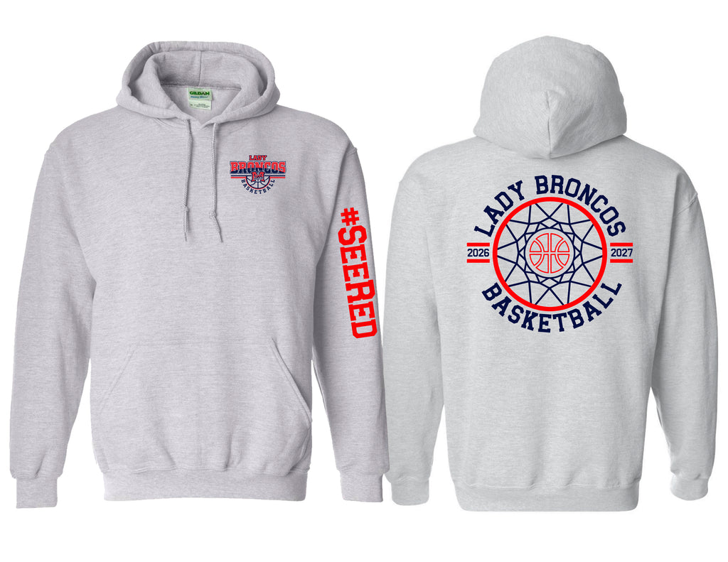 Lady Broncos Basketball Circle Net Back Gildan Ash Gray Hoodie
