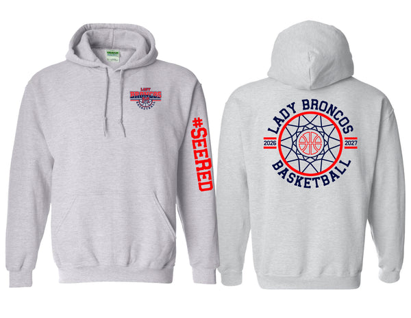 Lady Broncos Basketball Circle Net Back Gildan Ash Gray Hoodie