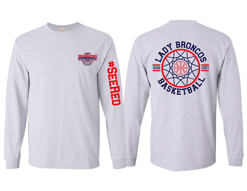 Lady Broncos Basketball Circle Net Back Gildan Ash Gray Long Sleeve Tee