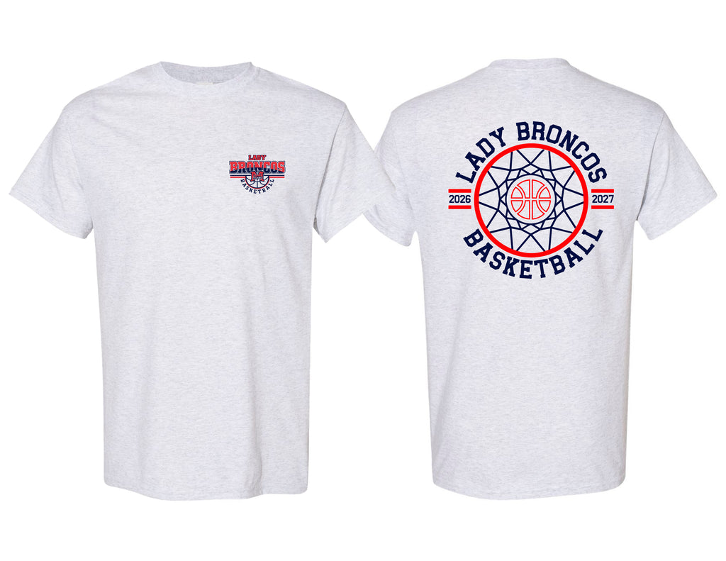 Lady Broncos Basketball Circle Net Back Gildan Ash Gray Tee
