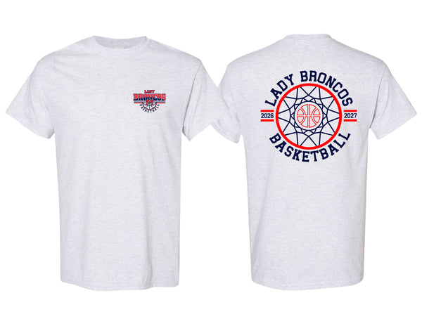 Lady Broncos Basketball Circle Net Back Gildan Ash Gray Tee