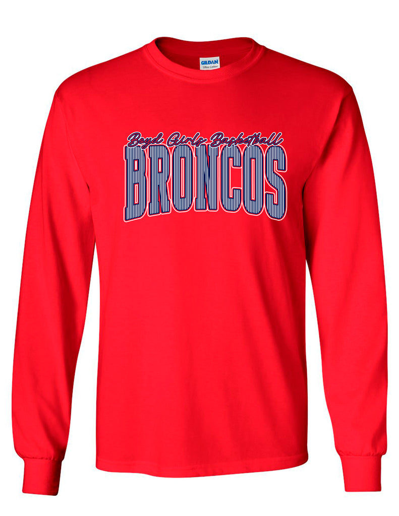 Lady Broncos Basketball Pinstripe Gildan Red Long Sleeve Tee