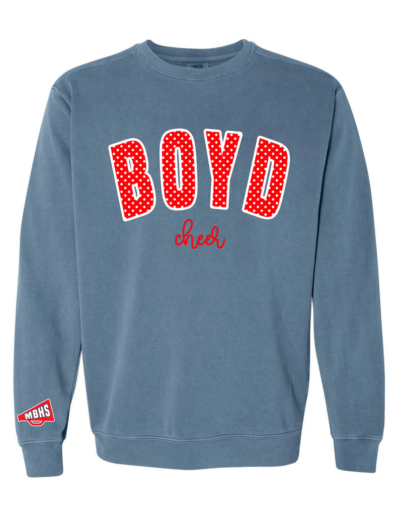 McKinney Boyd Cheer Red Polka Dot Embroidered Applique CC Blue Jean Crewneck Sweatshirt w Sleeve Embroidery with Cheer Script