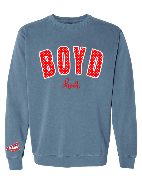 McKinney Boyd Cheer Red Polka Dot Embroidered Applique CC Blue Jean Crewneck Sweatshirt w Sleeve Embroidery with Cheer Script