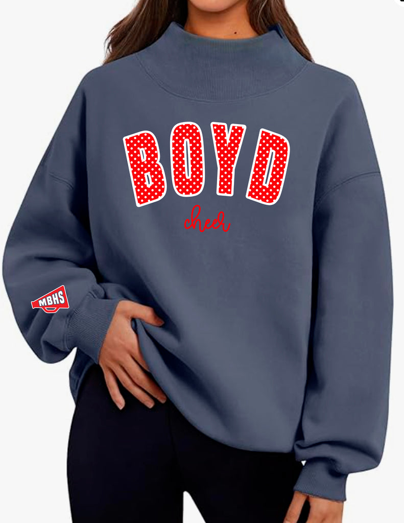 McKinney Boyd Cheer Red Polka Dot Embroidered Applique Slate Blue Mock Neck Sweatshirt with Cheer Script w Sleeve Embroidery