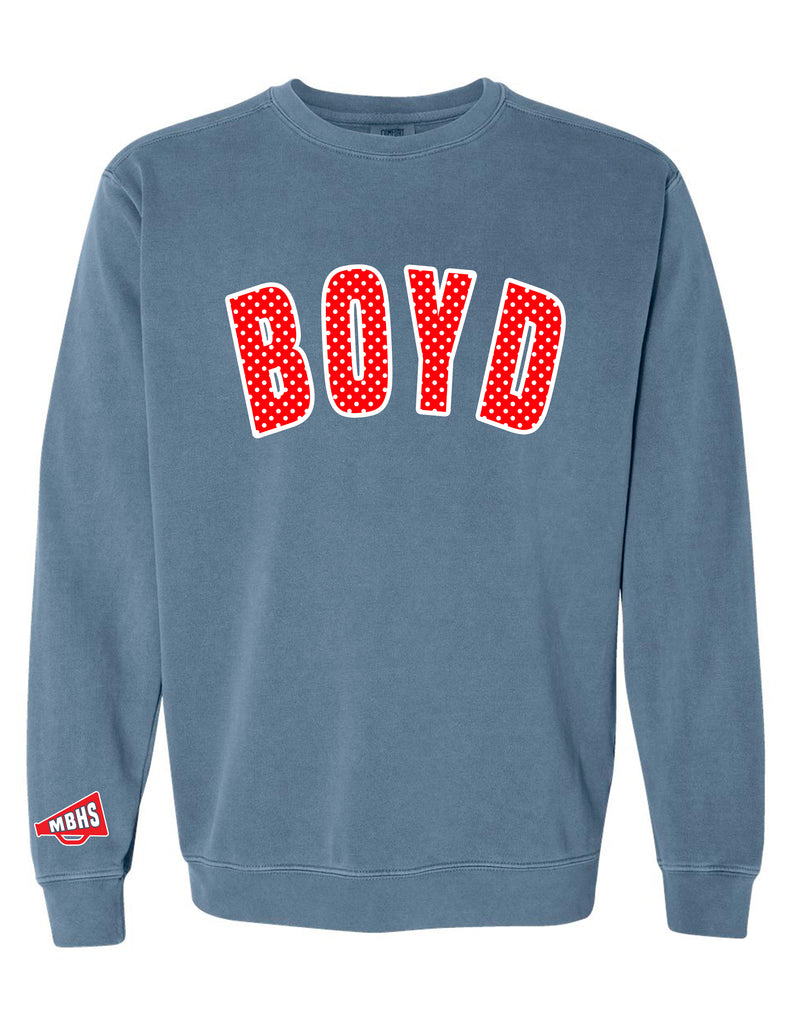 McKinney Boyd Cheer Red Polka Dot Embroidered Applique CC Blue Jean Crewneck Sweatshirt w Sleeve Embroidery