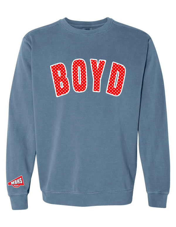 McKinney Boyd Cheer Red Polka Dot Embroidered Applique CC Blue Jean Crewneck Sweatshirt w Sleeve Embroidery