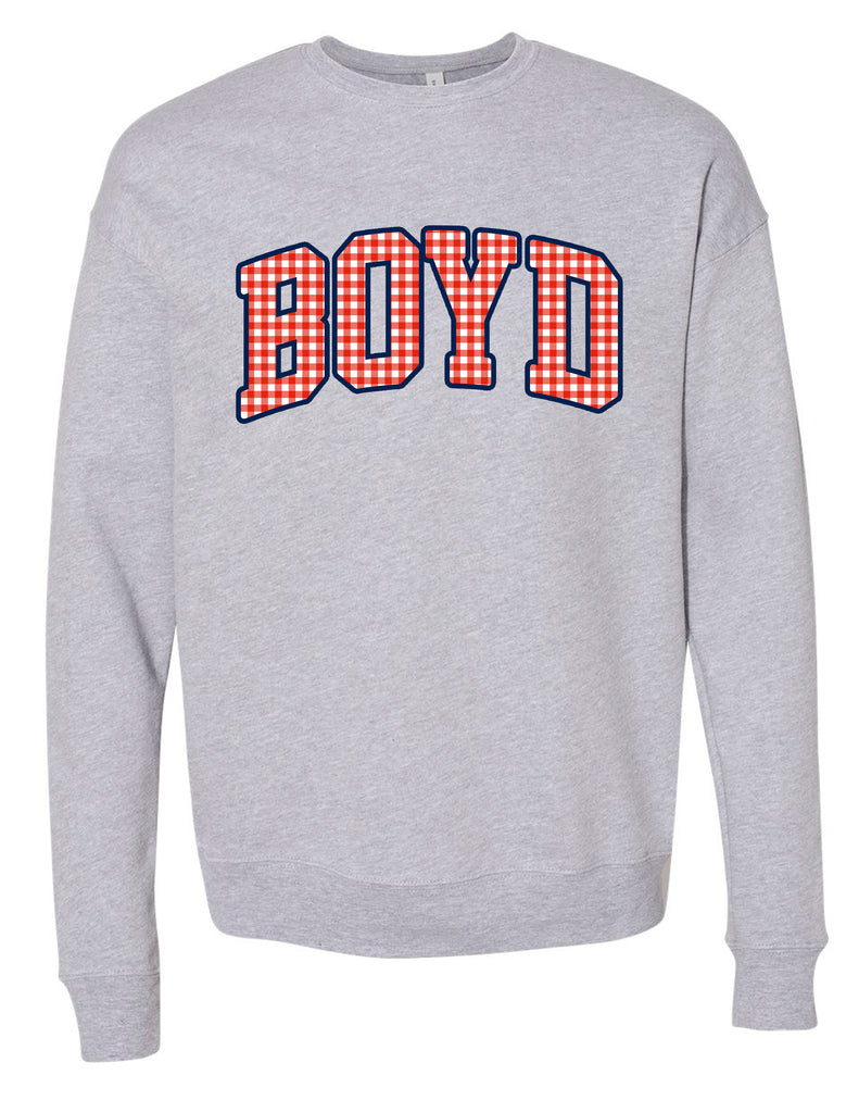 McKinney Boyd Cheer Red Gingham Embroidered Applique Bella Canvas Athletic Heather Crewneck Sweatshirt