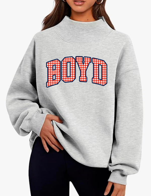 McKinney Boyd Cheer Red Gingham Embroidered Applique Gray Mock Neck Sweatshirt