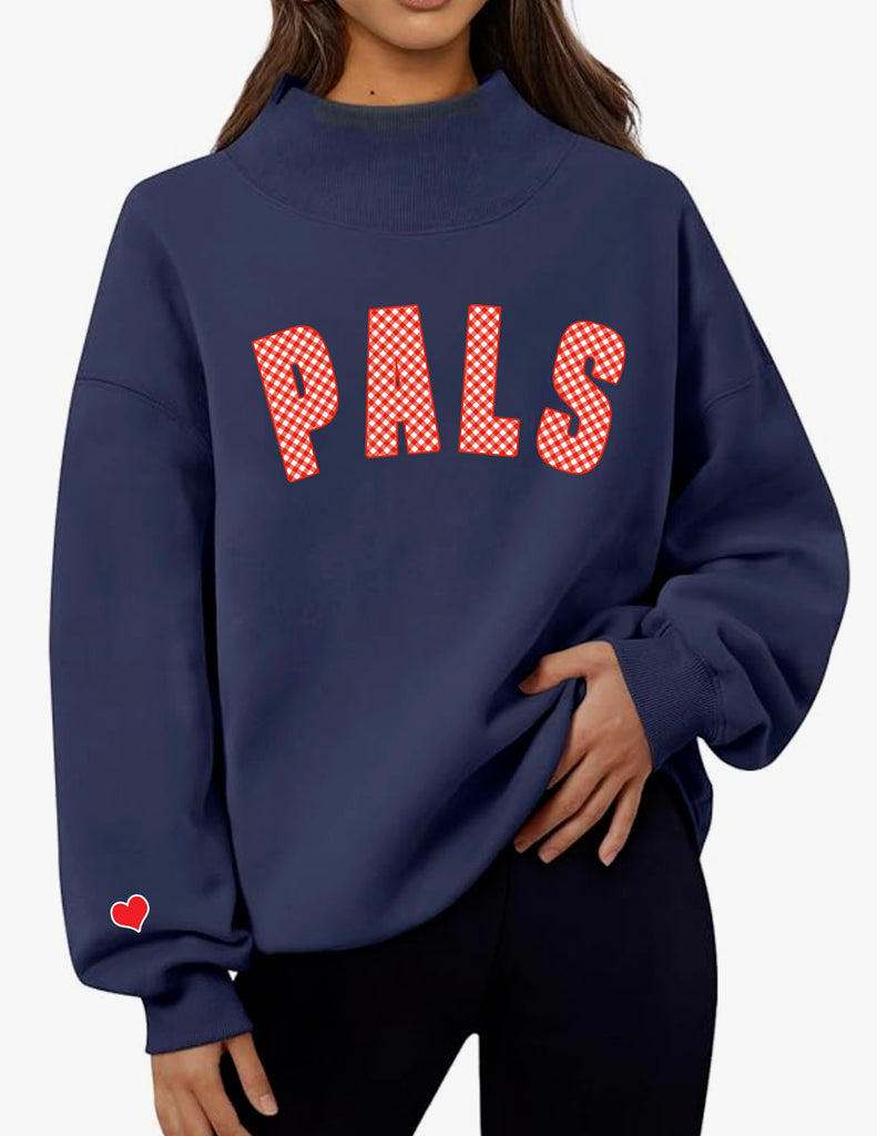 Boyd Pals Embroidered Applique Gingham Navy Mock Neck Sweatshirt