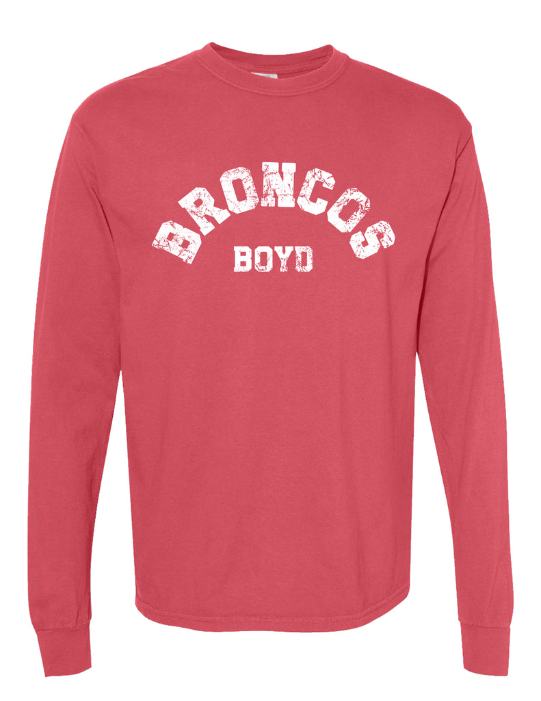 Boyd Soccer Distressed BRONCOS Crimson Comfort Colors Long Sleeve Tee