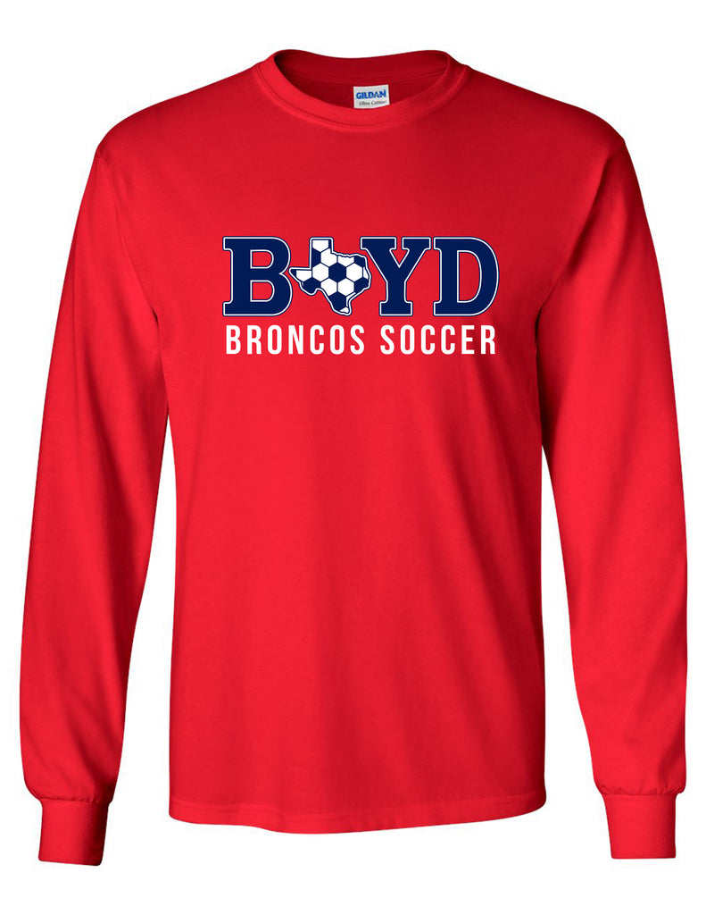 Boyd Soccer Texas Ball Red Gildan Long Sleeve Tee