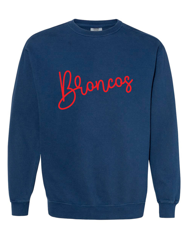 Boyd Swim & Dive Comfort Colors Navy Puffy Embroidery Broncos Script Crewneck Sweatshirt