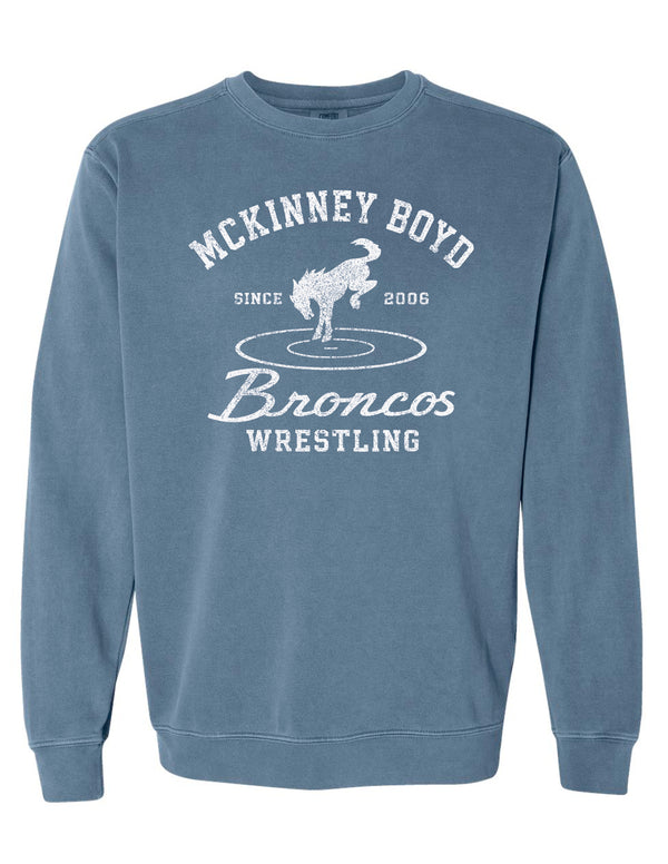 Boyd Wrestling Comfort Color Blue Jean Bronco Est. Crewneck Sweatshirt