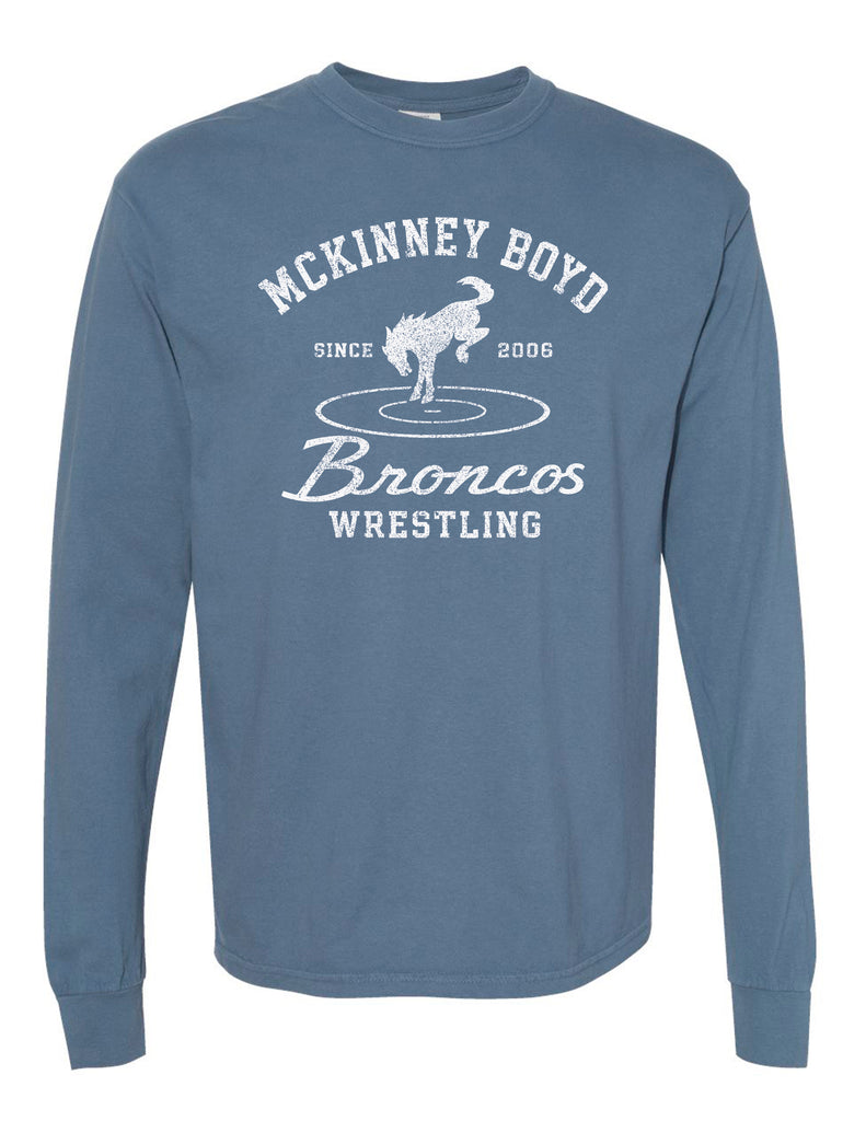 Boyd Wrestling Comfort Color Blue Jean Bronco Est. Long Sleeve T-Shirt
