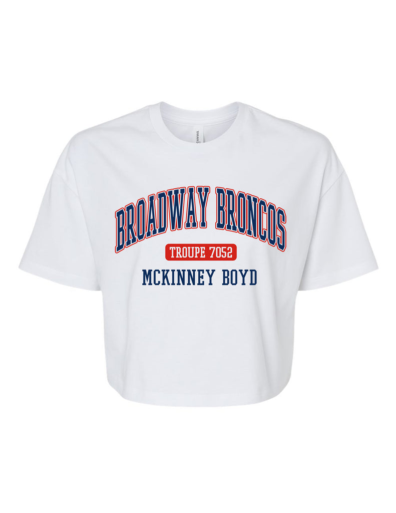 Broadway Broncos White Bella Canvas Troupe Crop Tee