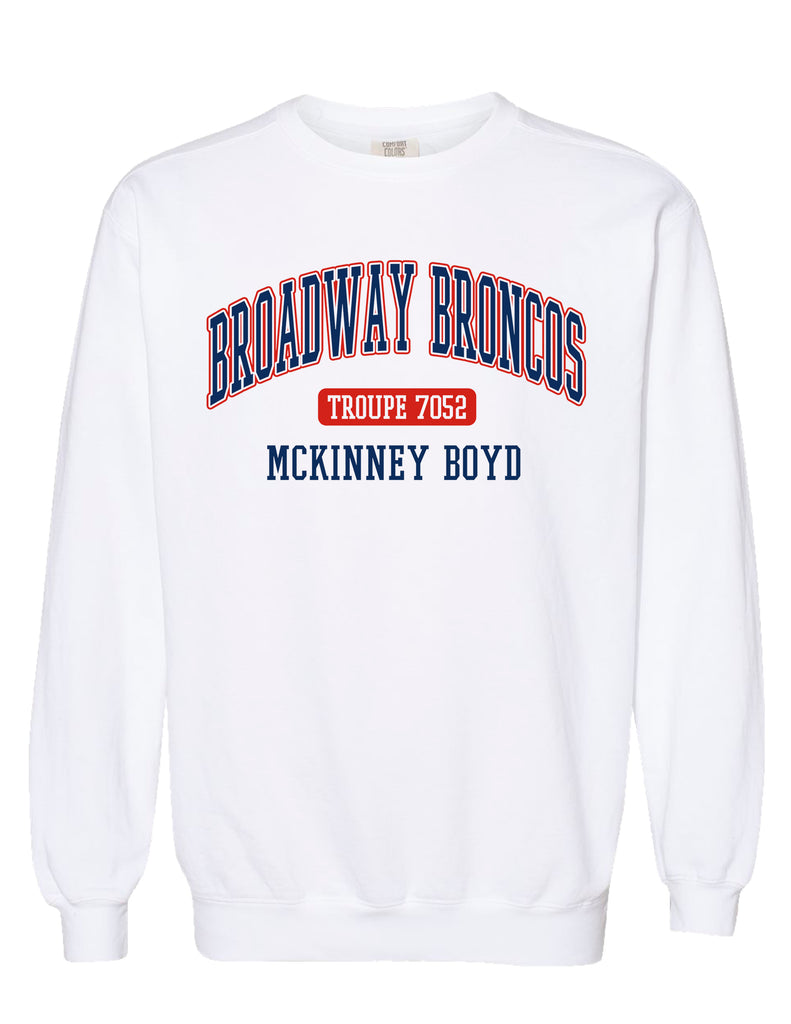 Broadway Broncos White Comfort Colors Troupe Crewneck