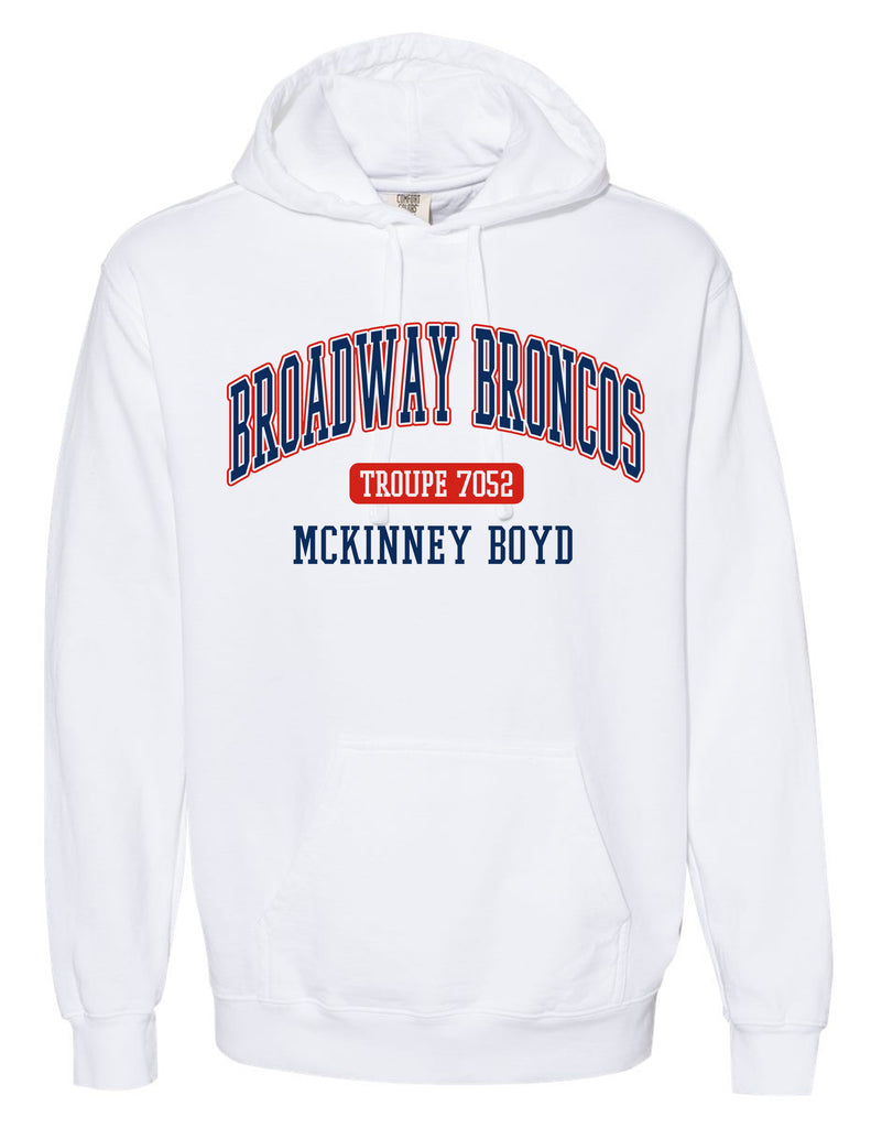 Broadway Broncos White Comfort Colors Troupe Hoodie
