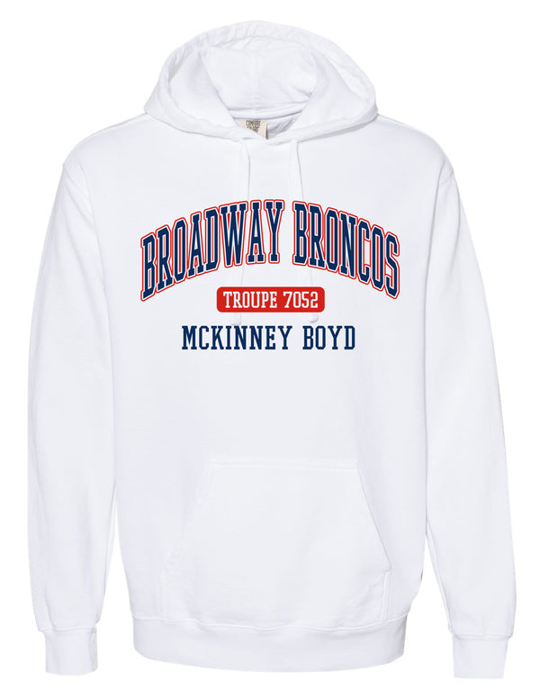 Broadway Broncos White Comfort Colors Troupe Hoodie