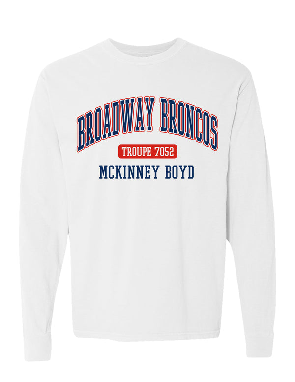 Broadway Broncos White Comfort Colors Troupe Long Sleeve Tee