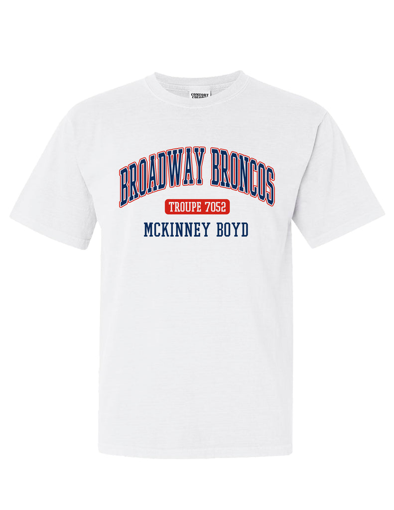 Broadway Broncos White Comfort Colors Troupe Tee