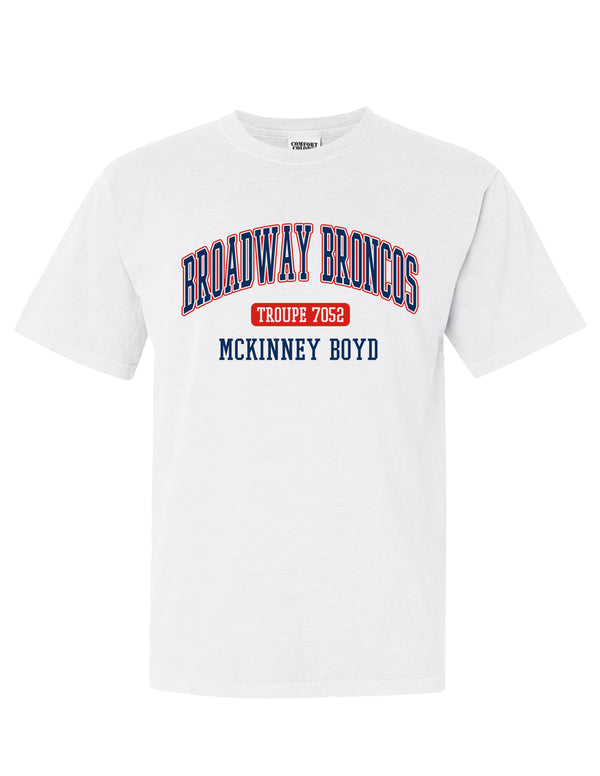 Broadway Broncos White Comfort Colors Troupe Tee
