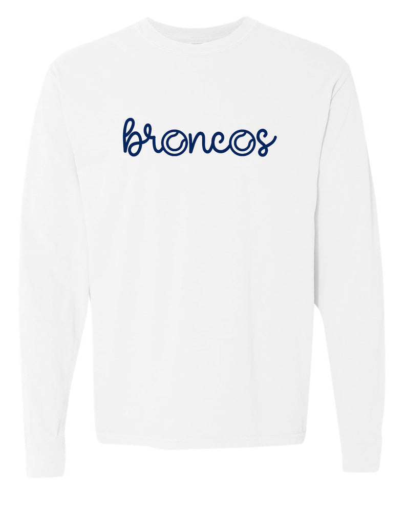McKinney Boyd Tennis Comfort Colors White Script Broncos Long Sleeve Tee