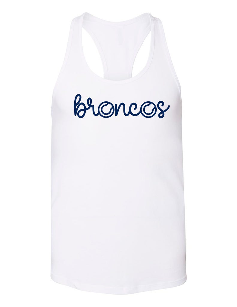 McKinney Boyd Tennis Bella Canvas White Script Broncos Design Racerback Tank