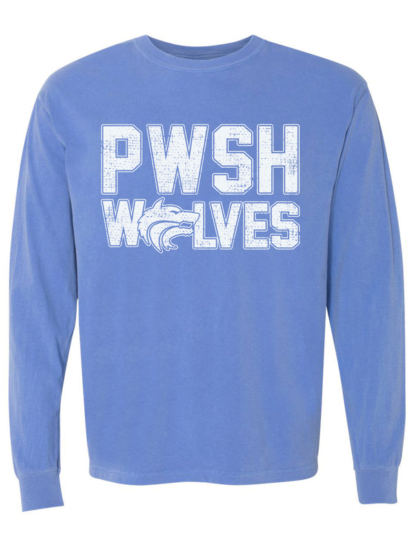 Plano West JV Cheer Comfort Colors Flo Blue Wolves Long Sleeve Tee