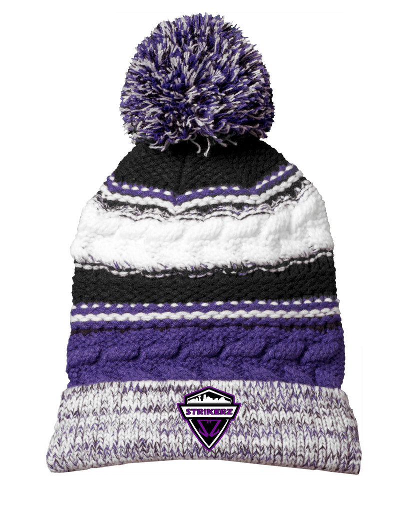 Strikerz Chunky Cable Knit Striped Pom Beanie