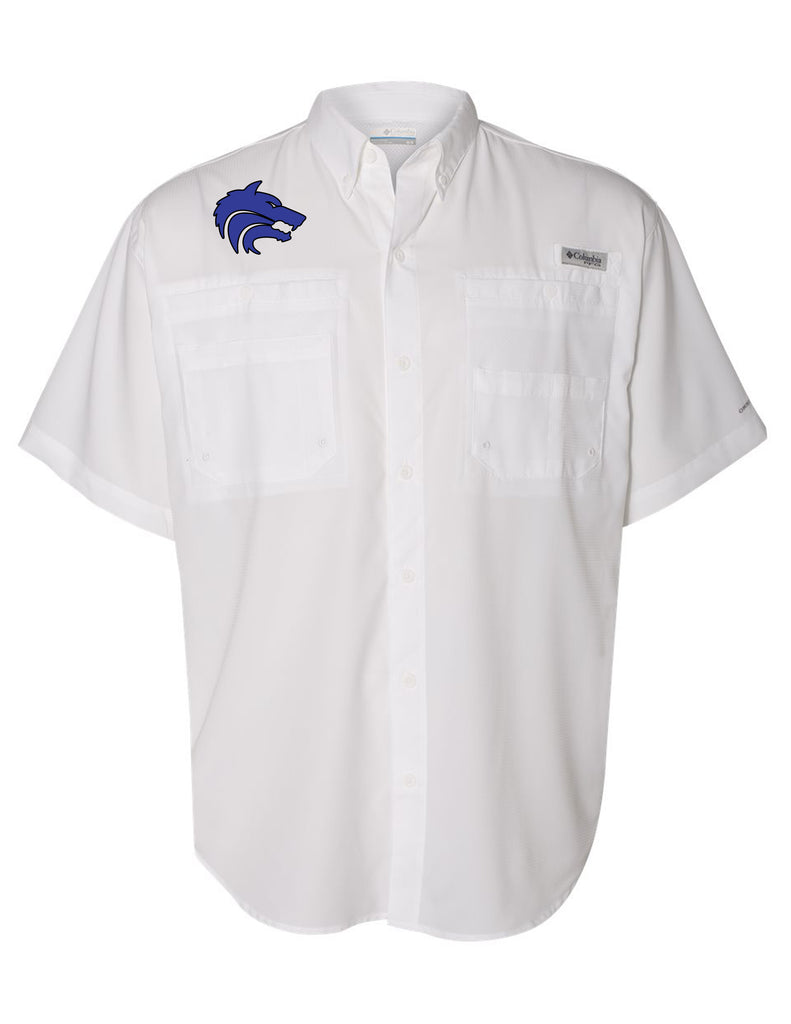 Plano West Cheer White Columbia Fishing Shirt with Embroidery