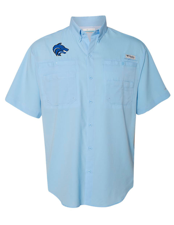 Plano West Cheer Columbia Sail Blue Fishing Shirt with Wolves Logo