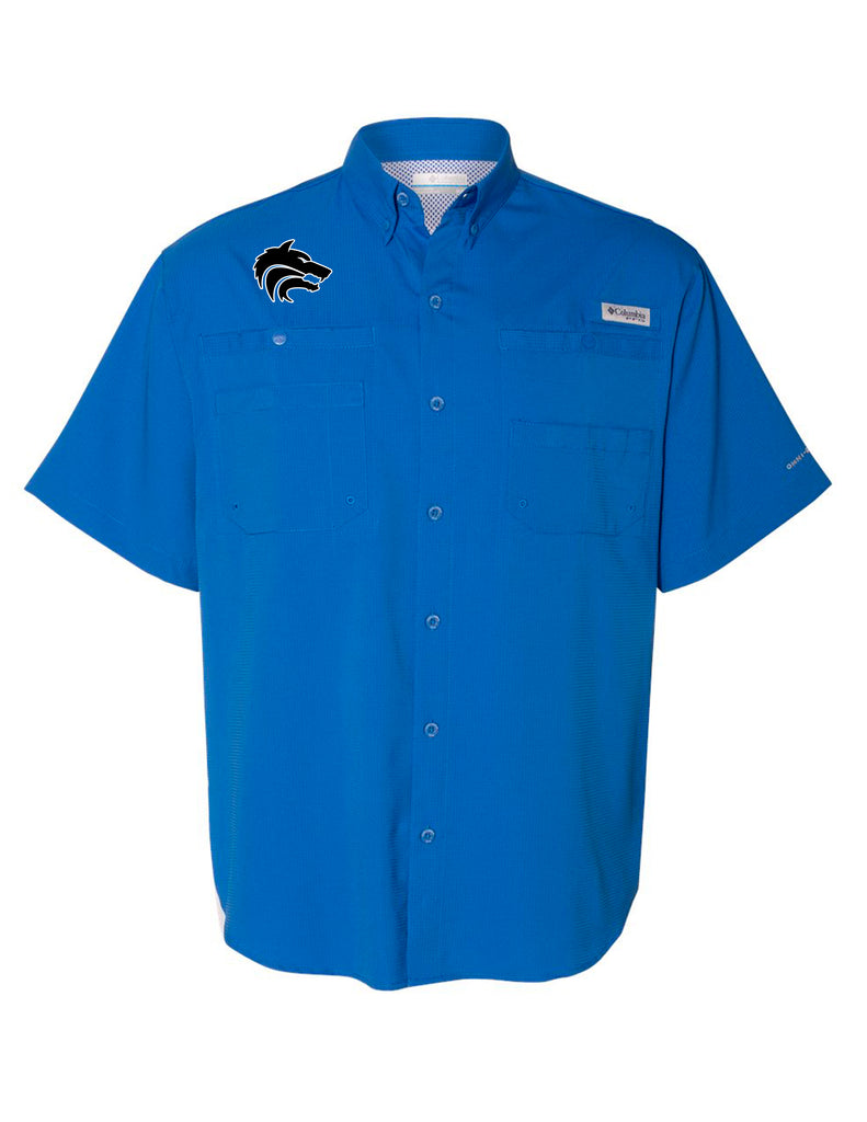 Plano West Cheer Columbia Vivid Blue Fishing Shirt with Wolves Logo