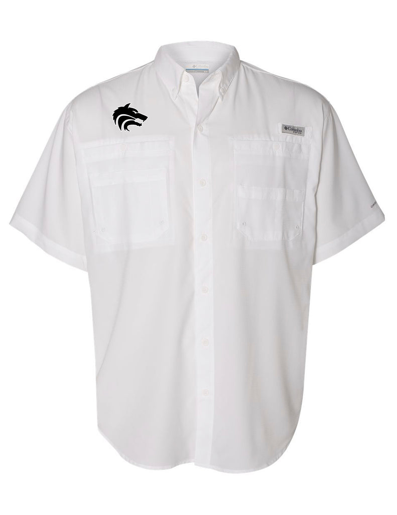 Plano West Cheer Columbia White Fishing Shirt with Wolves Logo