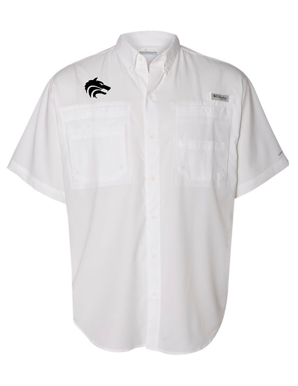 Plano West Cheer Columbia White Fishing Shirt with Wolves Logo