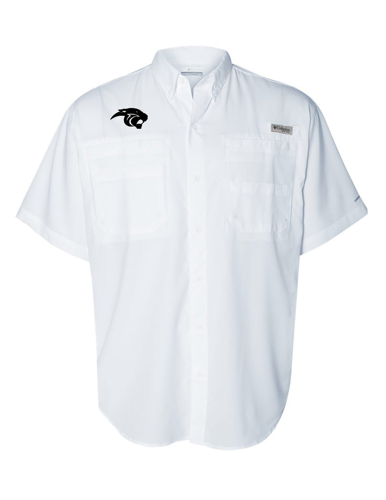 Plano East Cheer Columbia White Fishing Shirt with Embroidered Logo
