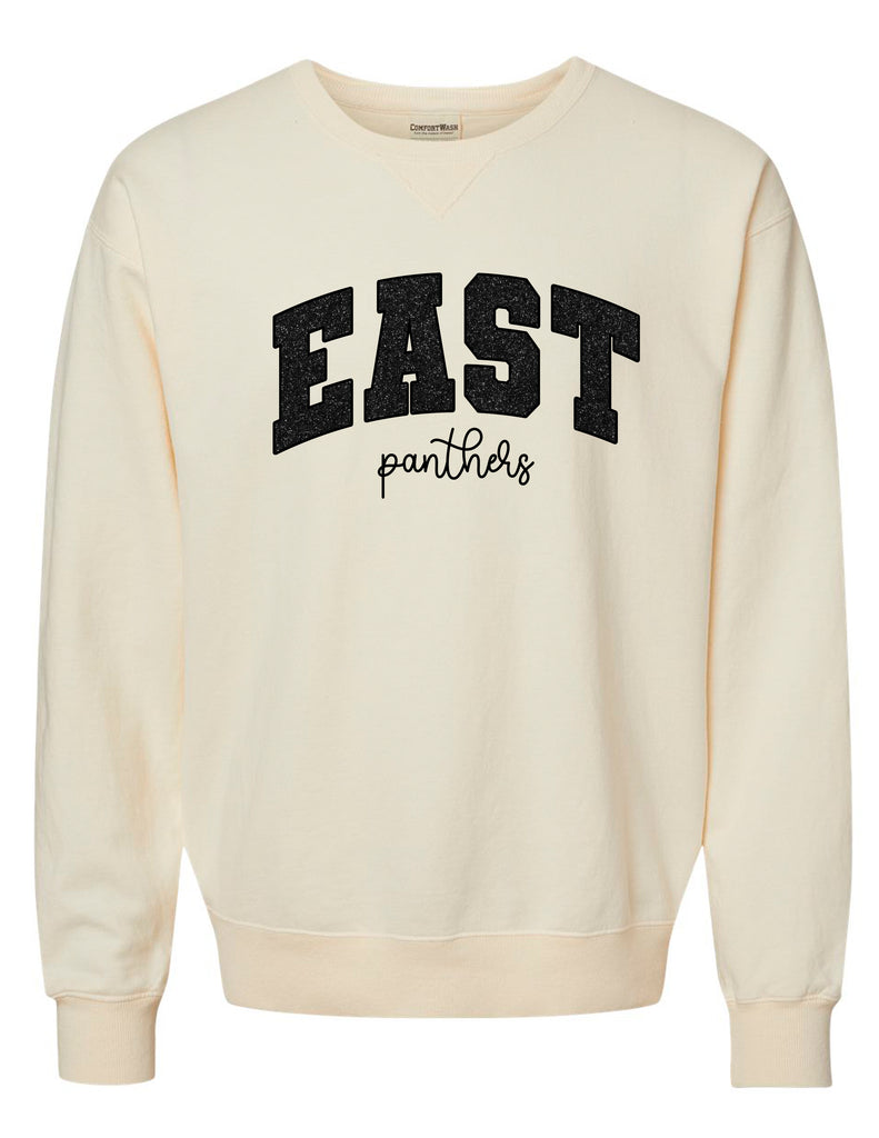 Plano East Cheer EAST Glitter Applique Comfort Wash Parchment Crewneck