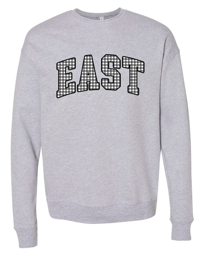 Plano East Cheer Bella Athletic Heather Crewneck with Black and White Gingham Applique