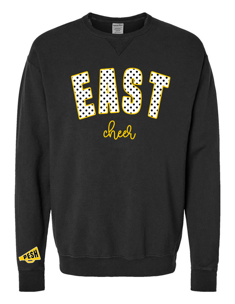 Plano East Cheer Polka Dot Black Comfort Wash Crewneck w/ Cheer Script