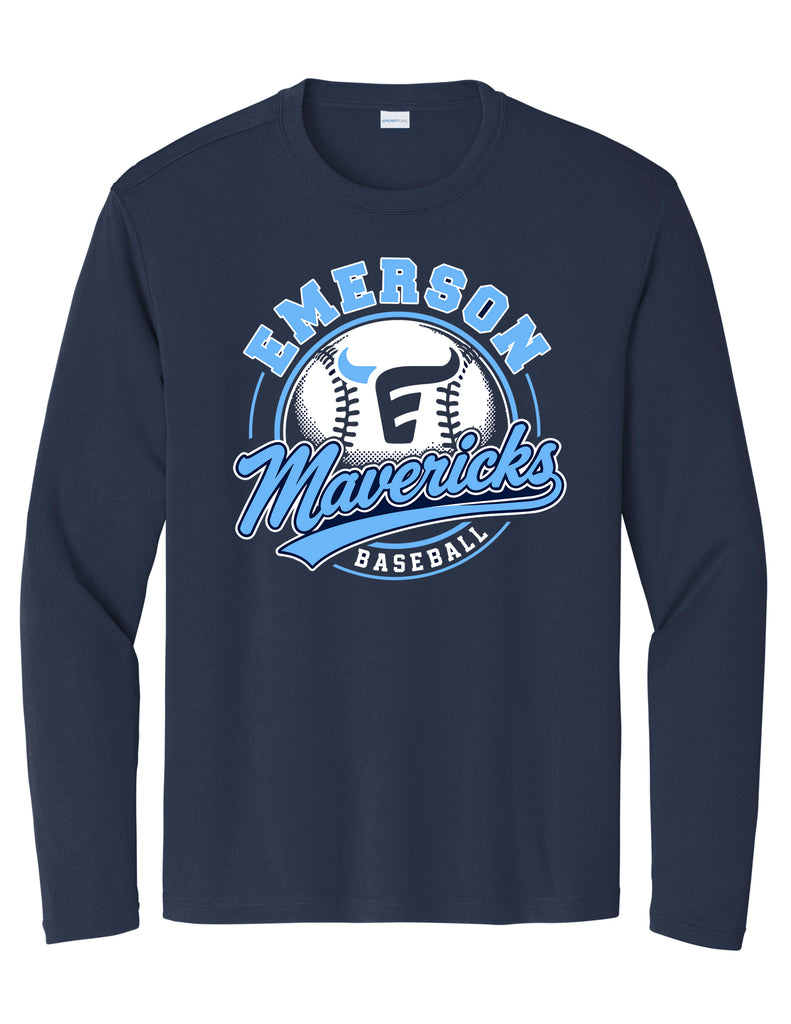 Emerson Baseball Ball Navy Sports Tek DriFit Long Sleeve Tee