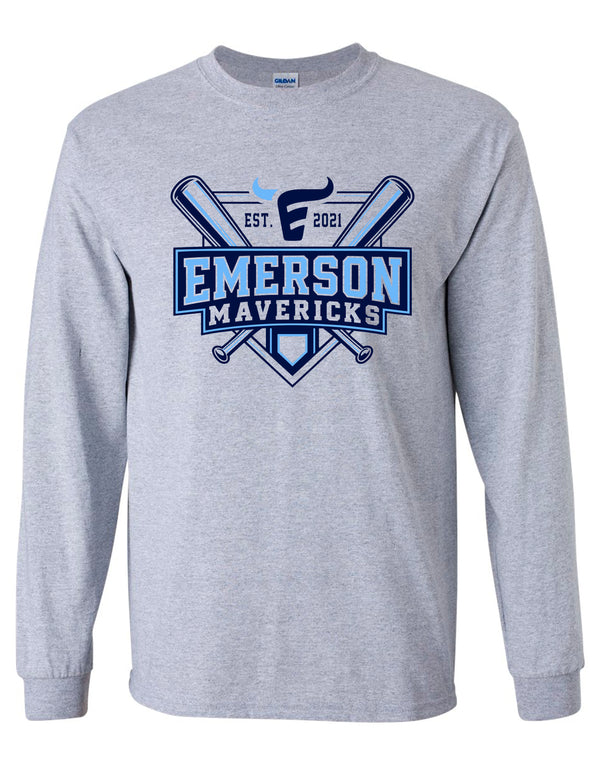 Emerson Baseball Crossed Bats Sports Gray Gildan Long Sleeve Tee