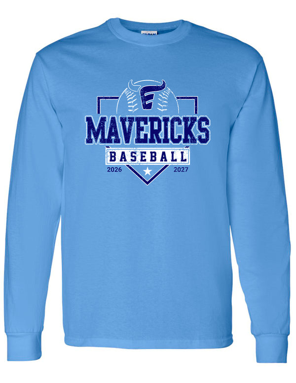 Emerson Baseball Mavericks Distressed Carolina Blue Gildan Long Sleeve Tee