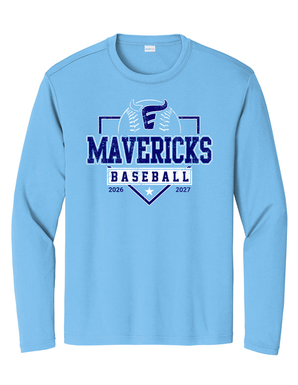 Emerson Baseball Mavericks Distressed Carolina Blue Sports Tek DriFit Long Sleeve Tee