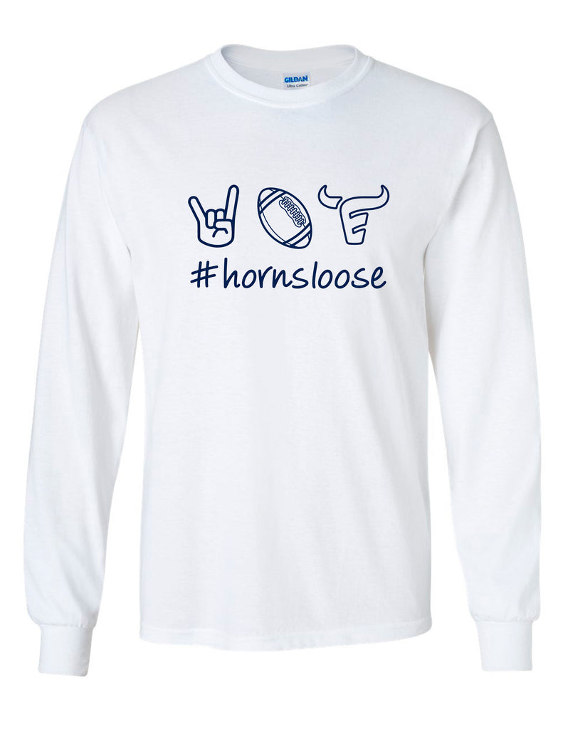 Emerson Football Horns Loose Doodle White Gildan Long Sleeve Tee