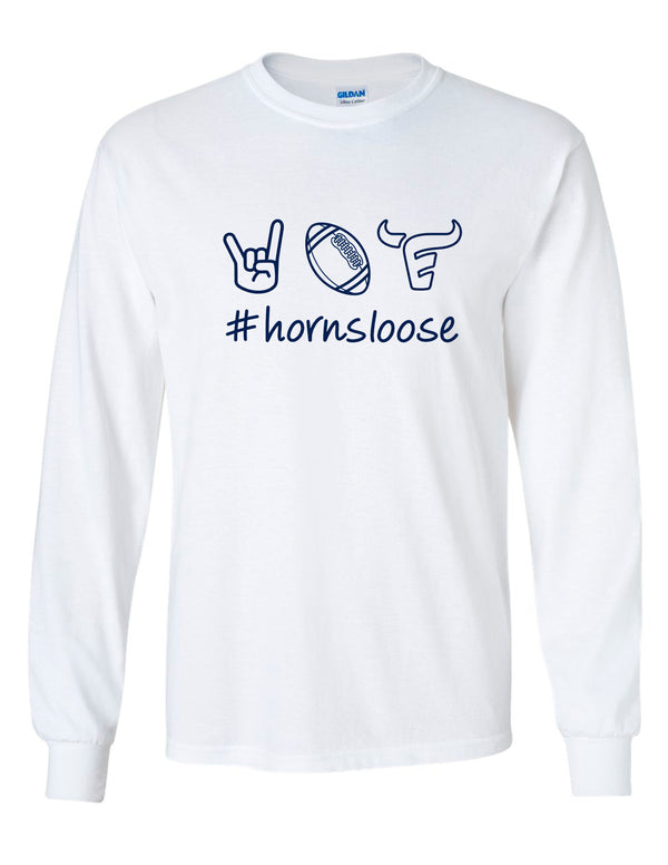 Emerson Football Horns Loose Doodle White Gildan Long Sleeve Tee